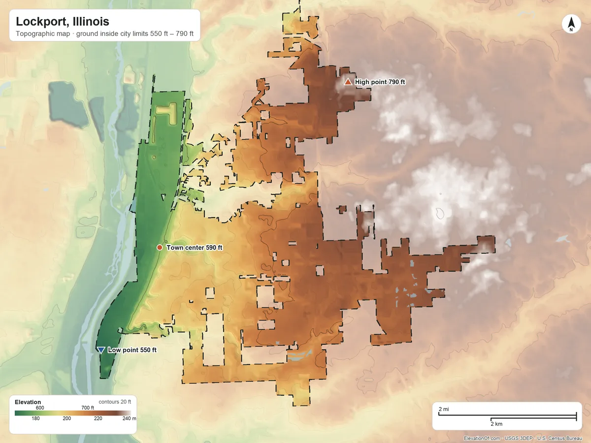 Topographic elevation map of Lockport, Illinois, shaded from 550 ft on the southwest side to 790 ft on the northeast side