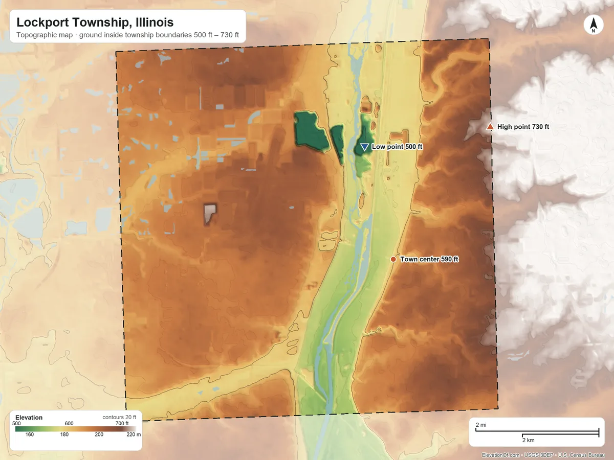 Topographic elevation map of Lockport Township, Illinois, shaded from 500 ft on the north side to 730 ft on the northeast side
