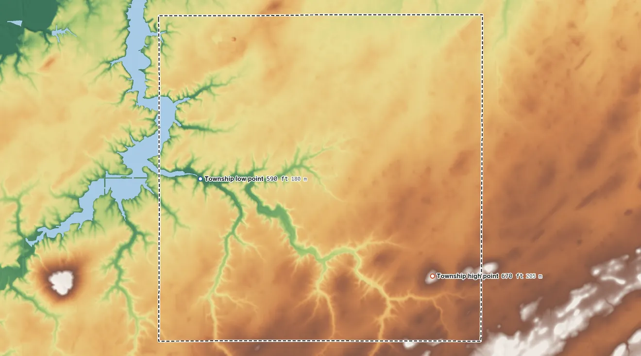 Topographic elevation map of Locust Township, Illinois, shaded from 590 ft on the south side to 670 ft on the southeast side