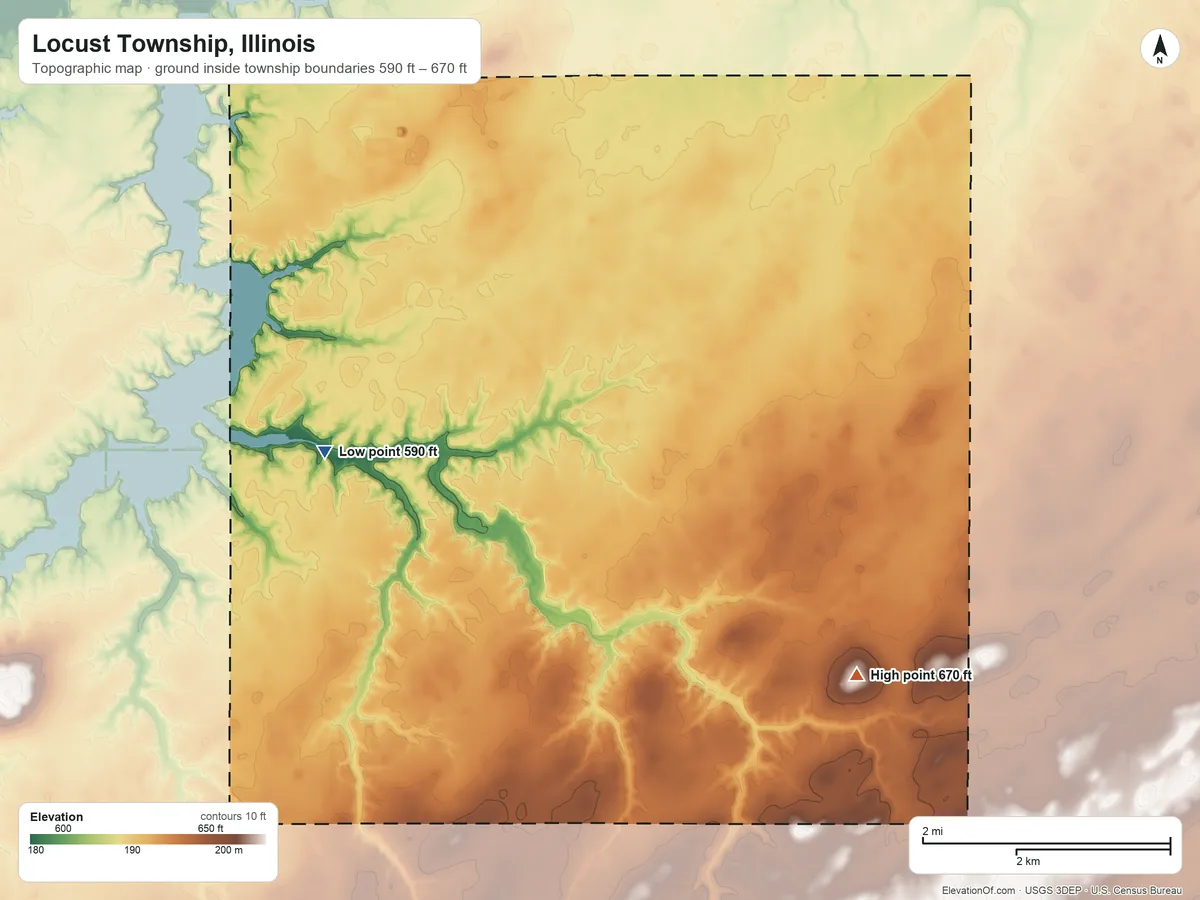 Topographic elevation map of Locust Township, Illinois, shaded from 590 ft on the south side to 670 ft on the southeast side