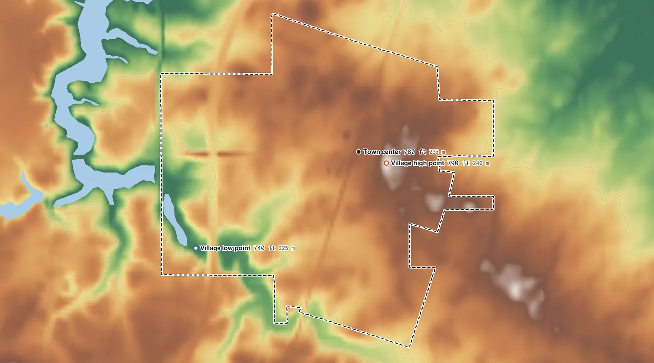 Topographic elevation map of Loda, Illinois, shaded from 740 ft on the southwest side to 790 ft near the middle