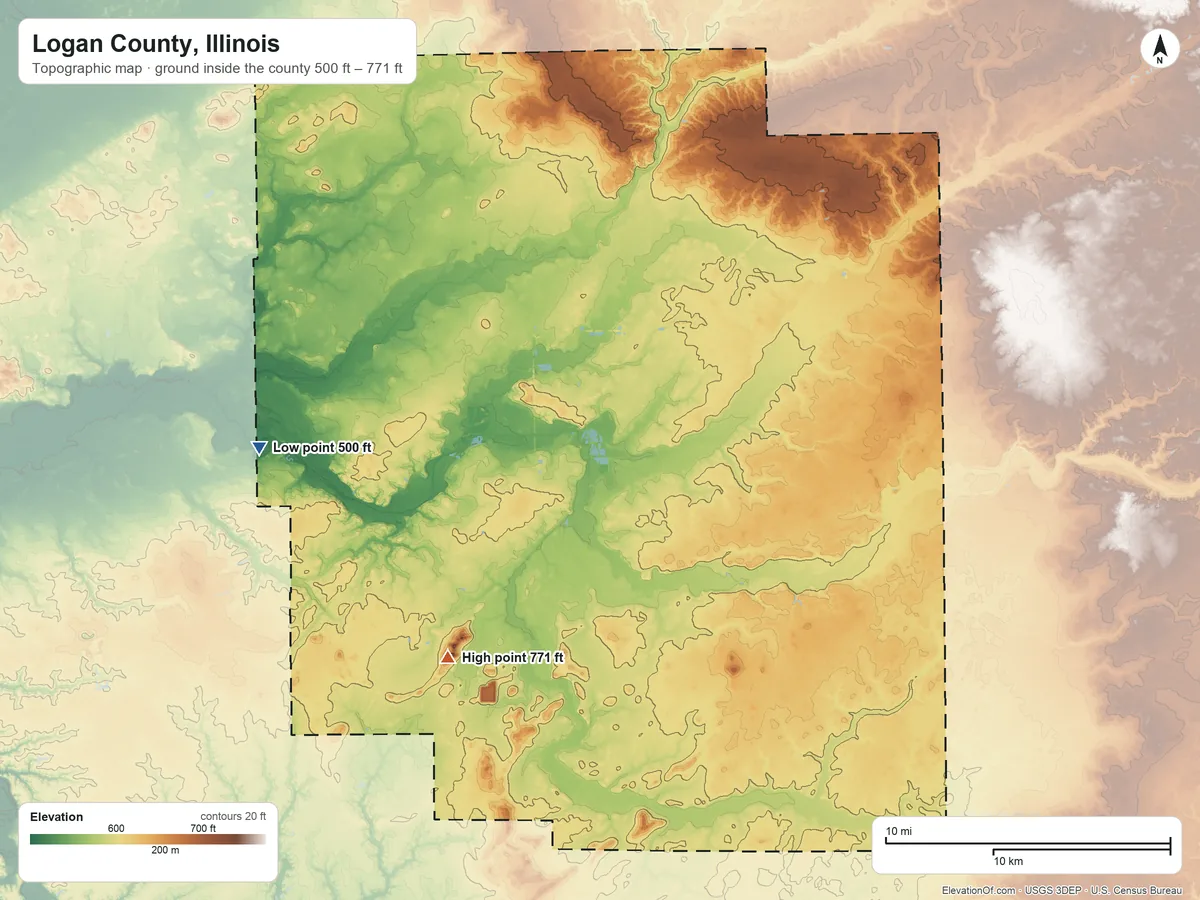 Topographic elevation map of Logan County, Illinois, shaded from 500 ft on the west side to 771 ft on Elkhart Hill