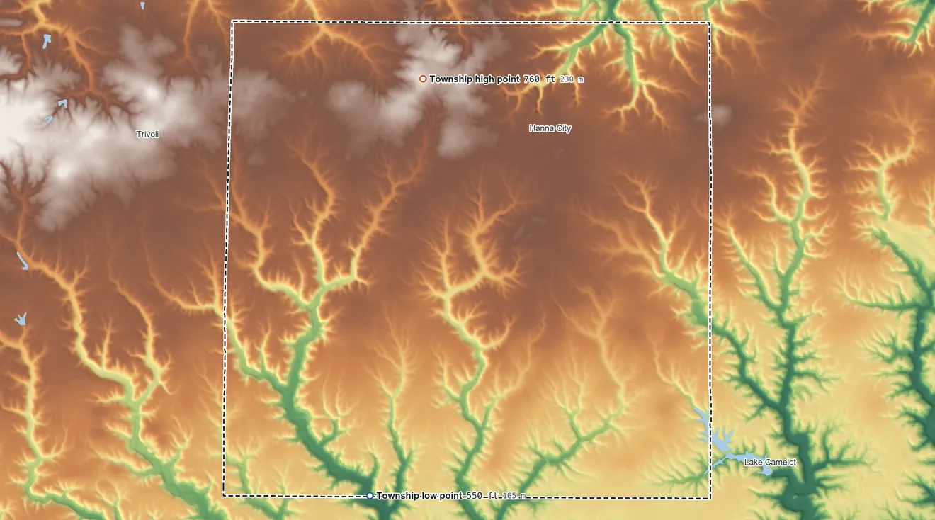 Topographic elevation map of Logan Township, Illinois, shaded from 550 ft on the southwest side to 760 ft on the northwest side