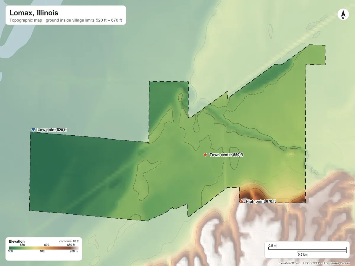 Topographic elevation map of Lomax, Illinois, shaded from 520 ft on the west side to 670 ft on the southeast side