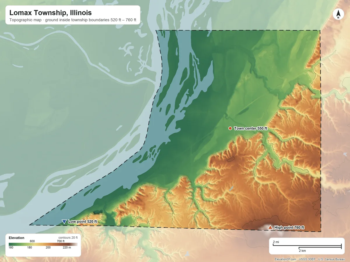 Topographic elevation map of Lomax Township, Illinois, shaded from 520 ft on the southwest side to 760 ft on Gittings Mound