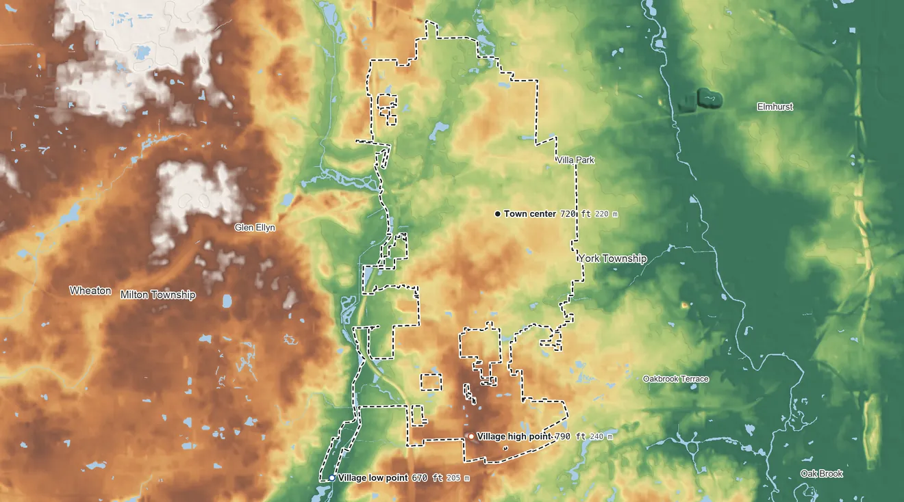 Topographic elevation map of Lombard, Illinois, shaded from 670 ft on the southwest side to 790 ft on the south side