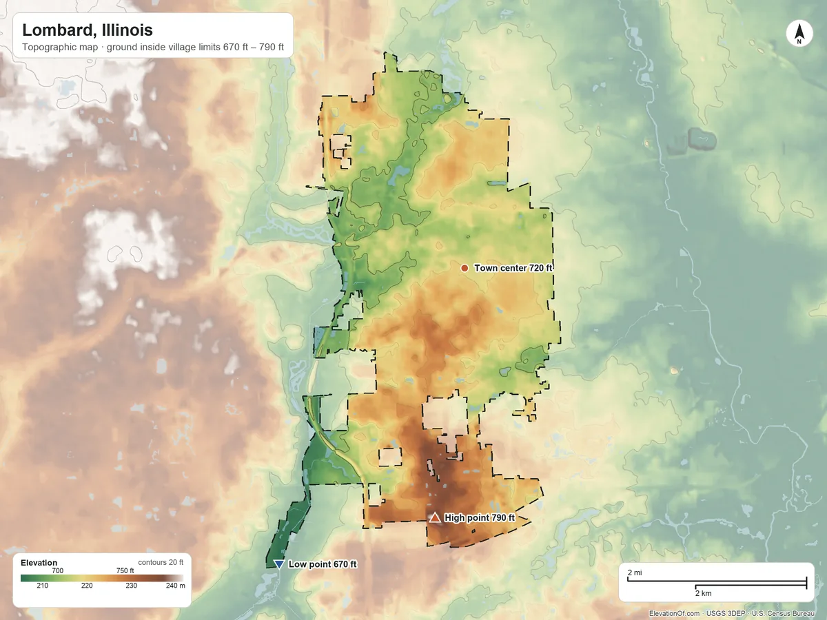 Topographic elevation map of Lombard, Illinois, shaded from 670 ft on the southwest side to 790 ft on the south side