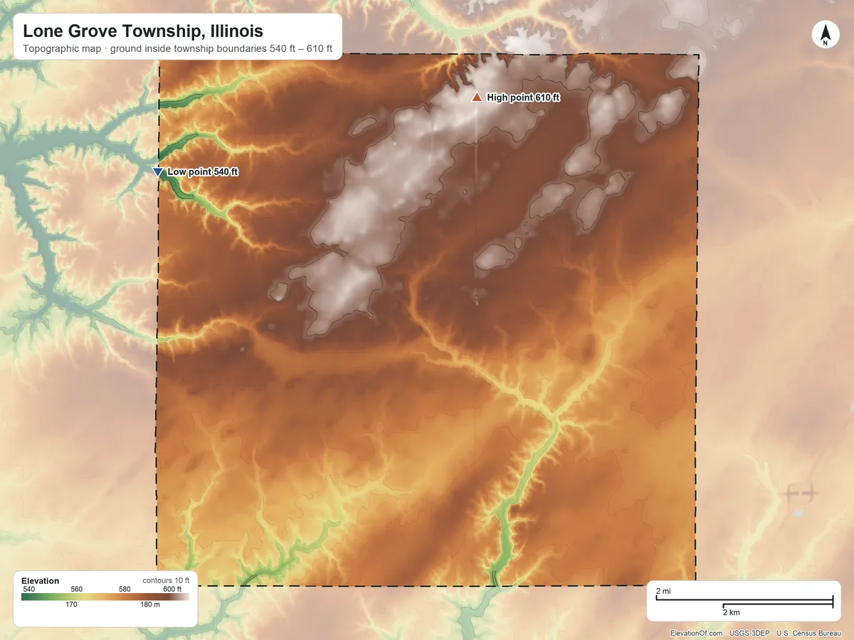 Topographic elevation map of Lone Grove Township, Illinois, shaded from 540 ft on the northwest side to 610 ft on the north side