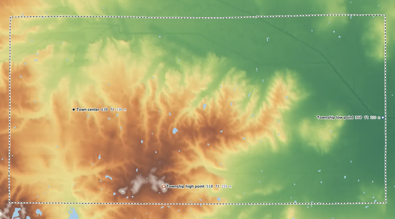 Topographic elevation map of Long Branch Township, Illinois, shaded from 360 ft on the east side to 510 ft on the southeast side