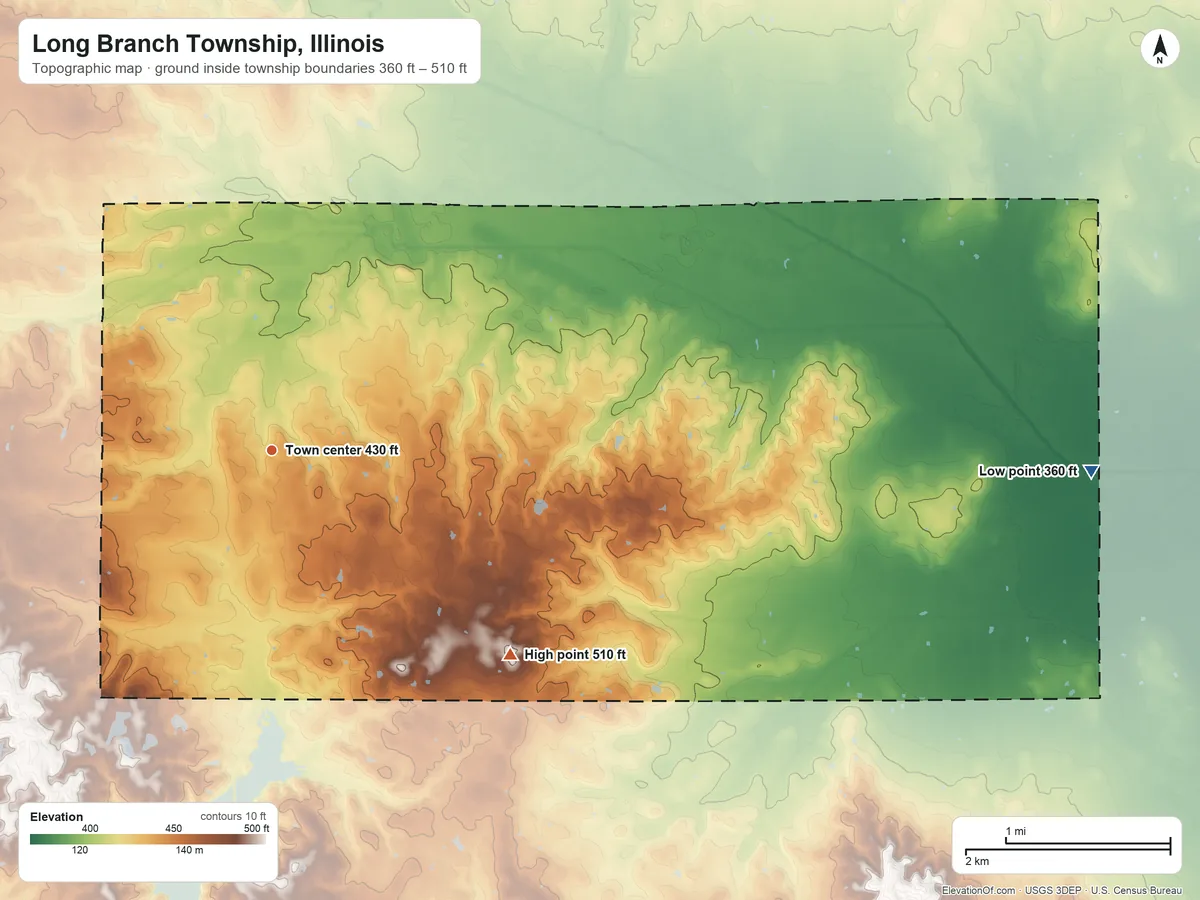 Topographic elevation map of Long Branch Township, Illinois, shaded from 360 ft on the east side to 510 ft on the southeast side