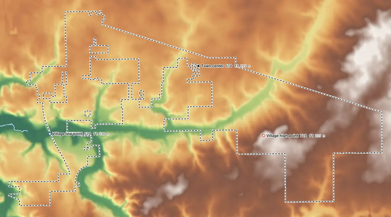 Topographic elevation map of Long Creek, Illinois, shaded from 620 ft on the southwest side to 710 ft on the southeast side