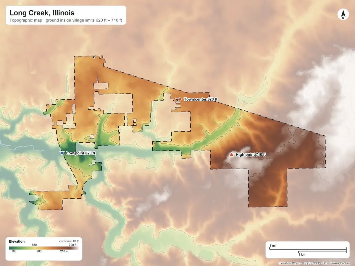Topographic elevation map of Long Creek, Illinois, shaded from 620 ft on the southwest side to 710 ft on the southeast side