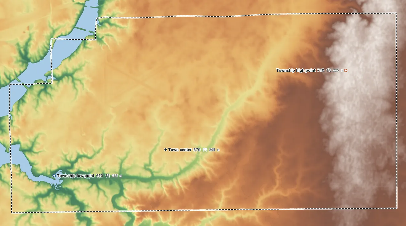 Topographic elevation map of Long Creek Township, Illinois, shaded from 610 ft on the west side to 740 ft on the northeast side