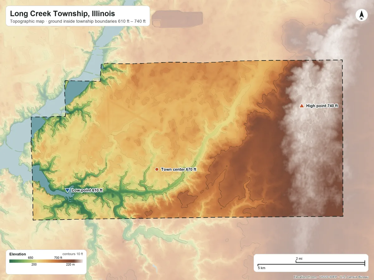 Topographic elevation map of Long Creek Township, Illinois, shaded from 610 ft on the west side to 740 ft on the northeast side