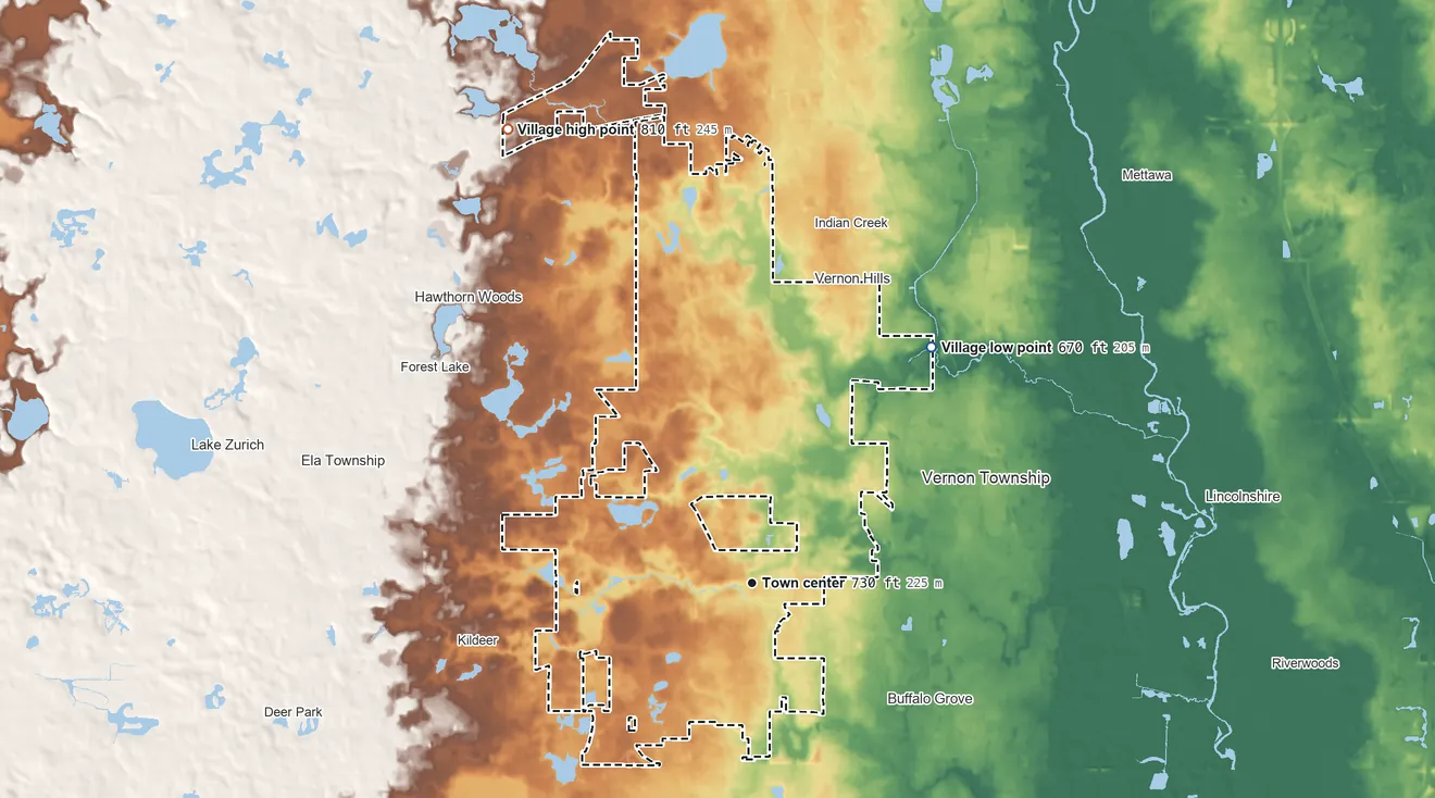 Topographic elevation map of Long Grove, Illinois, shaded from 670 ft on the northeast side to 810 ft on the northwest side