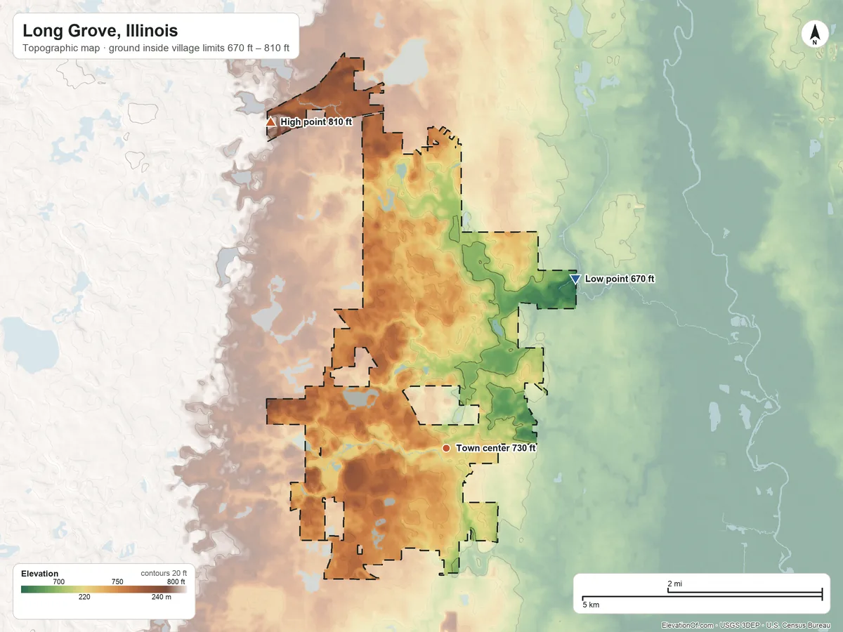 Topographic elevation map of Long Grove, Illinois, shaded from 670 ft on the northeast side to 810 ft on the northwest side