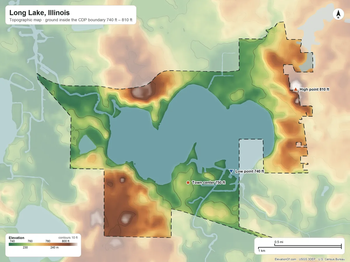 Topographic elevation map of Long Lake, Illinois, shaded from 740 ft on the east side to 810 ft on the northeast side