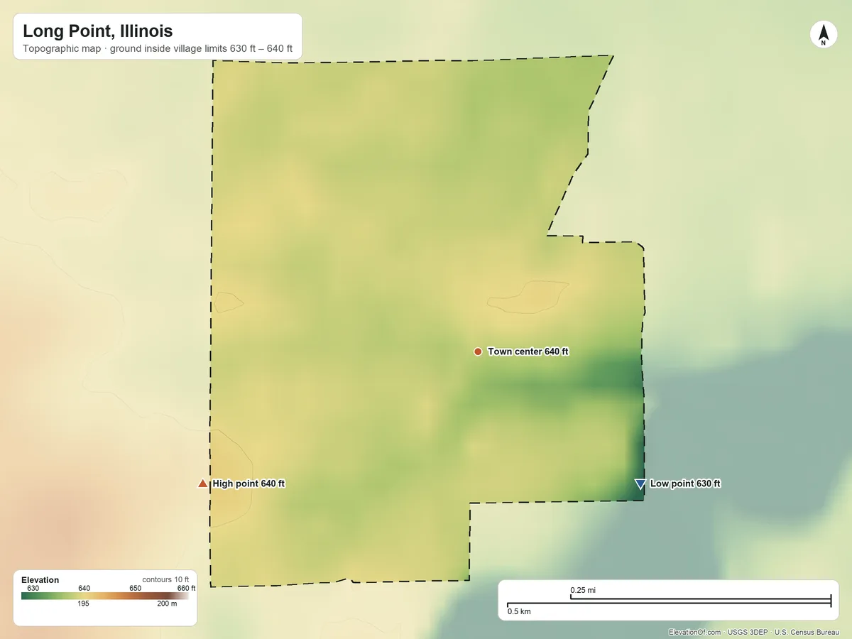 Topographic elevation map of Long Point, Illinois, shaded from 630 ft on the southeast side to 640 ft on the southwest side