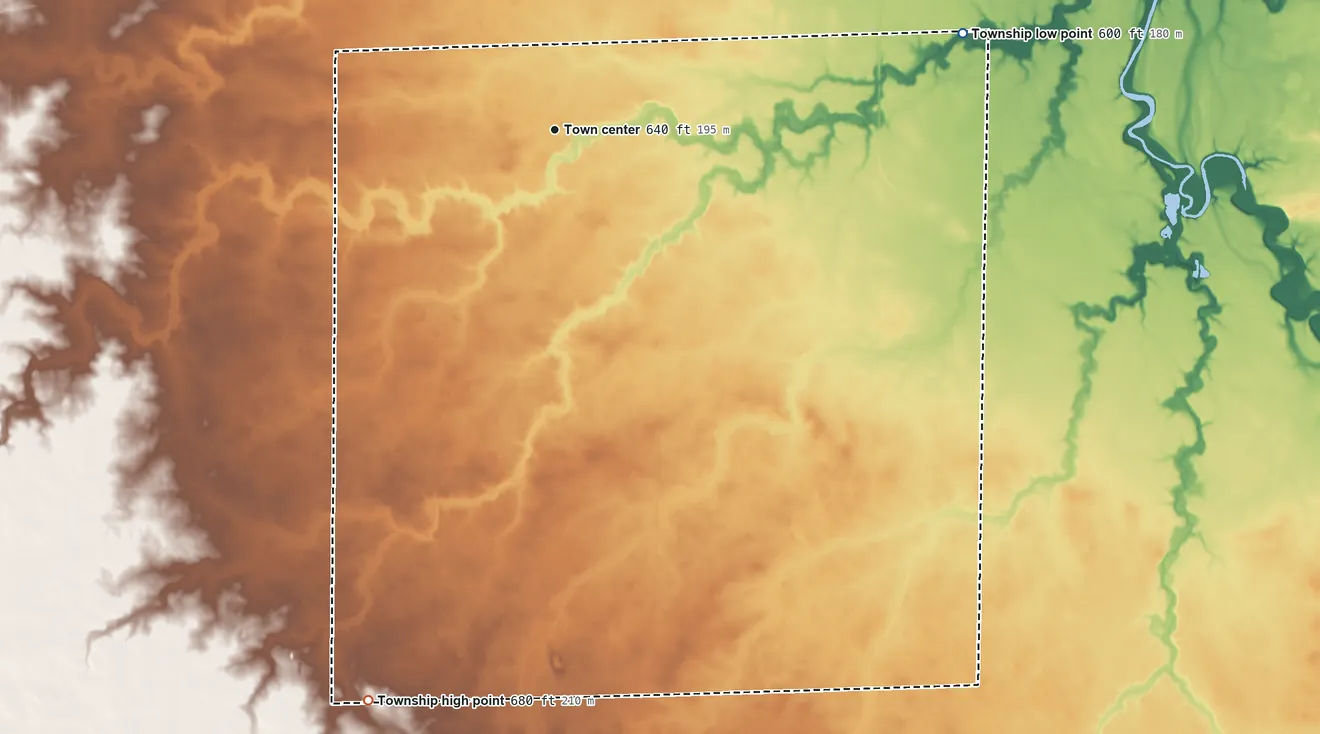 Topographic elevation map of Long Point Township, Illinois, shaded from 600 ft on the east side to 680 ft on the south side