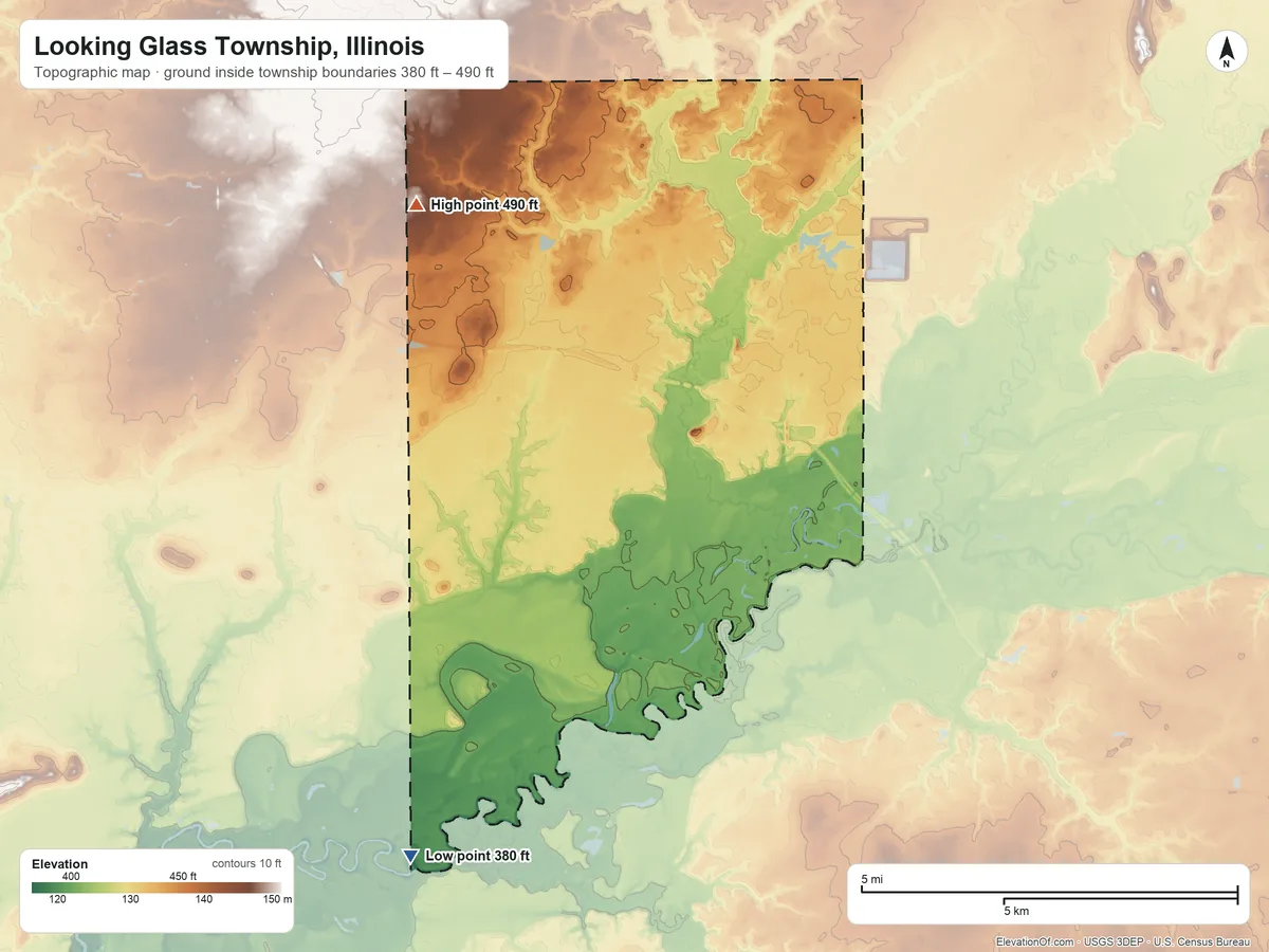 Topographic elevation map of Looking Glass Township, Illinois, shaded from 380 ft on the south side to 490 ft on the west side