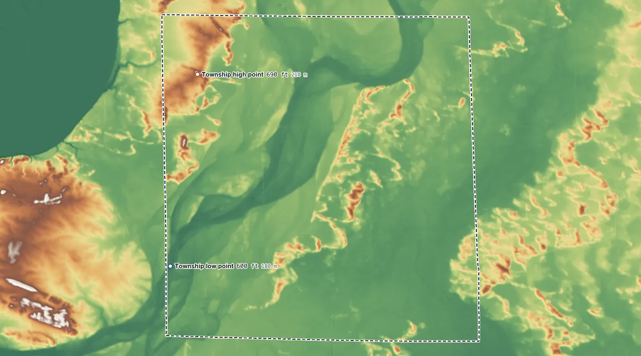 Topographic elevation map of Loraine Township, Illinois, shaded from 600 ft on the southwest side to 690 ft on the northwest side