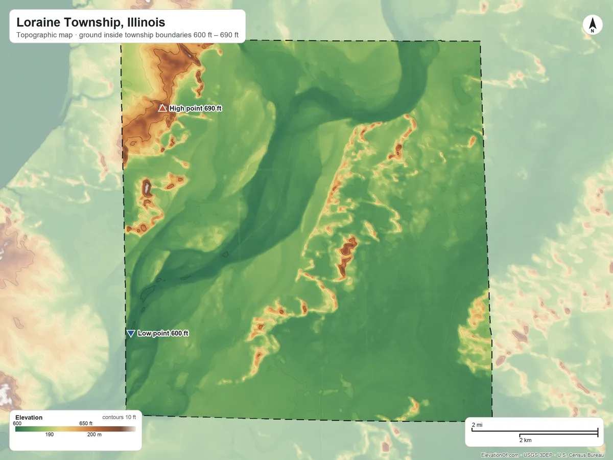 Topographic elevation map of Loraine Township, Illinois, shaded from 600 ft on the southwest side to 690 ft on the northwest side