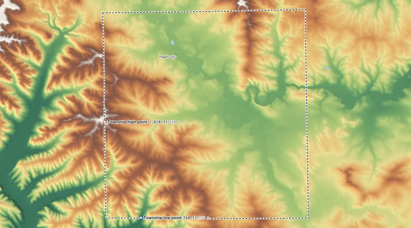 Topographic elevation map of Loran Township, Illinois, shaded from 760 ft on the south side to 1,020 ft on the southwest side