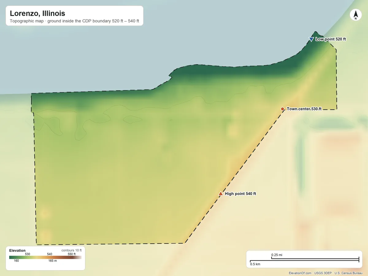 Topographic elevation map of Lorenzo, Illinois, shaded from 520 ft on the north side to 540 ft on the southwest side