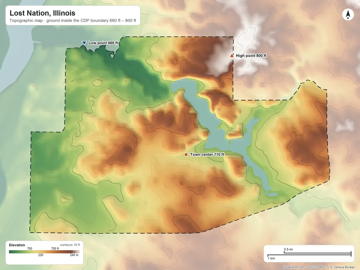 Topographic elevation map of Lost Nation, Illinois, shaded from 660 ft on the northwest side to 800 ft on the northeast side