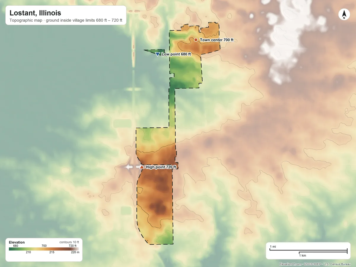 Topographic elevation map of Lostant, Illinois, shaded from 680 ft on the west side to 720 ft on the southwest side