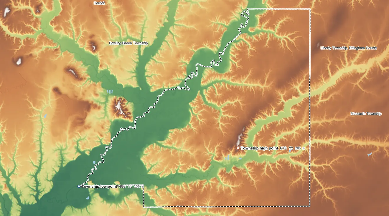 Topographic elevation map of Loudon Township, Illinois, shaded from 490 ft on the west side to 670 ft near the middle