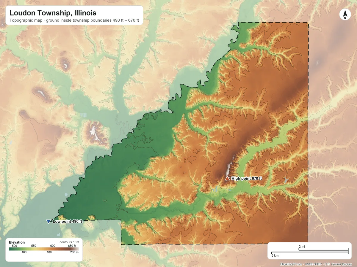 Topographic elevation map of Loudon Township, Illinois, shaded from 490 ft on the west side to 670 ft near the middle