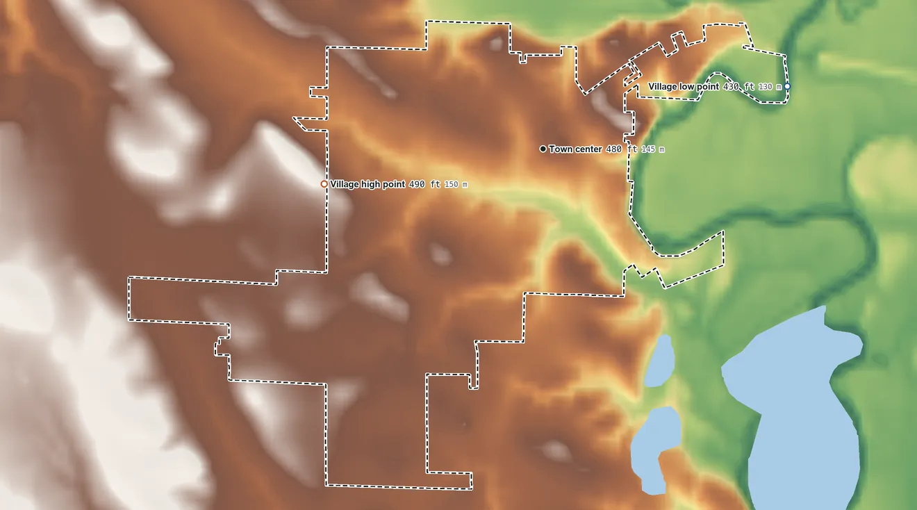 Topographic elevation map of Louisville, Illinois, shaded from 430 ft on the east side to 490 ft on the west side