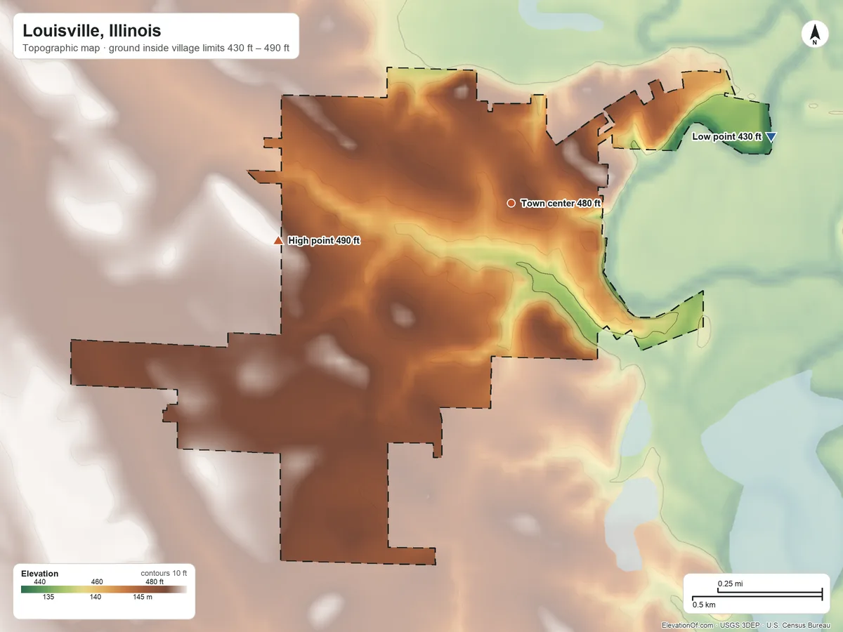 Topographic elevation map of Louisville, Illinois, shaded from 430 ft on the east side to 490 ft on the west side