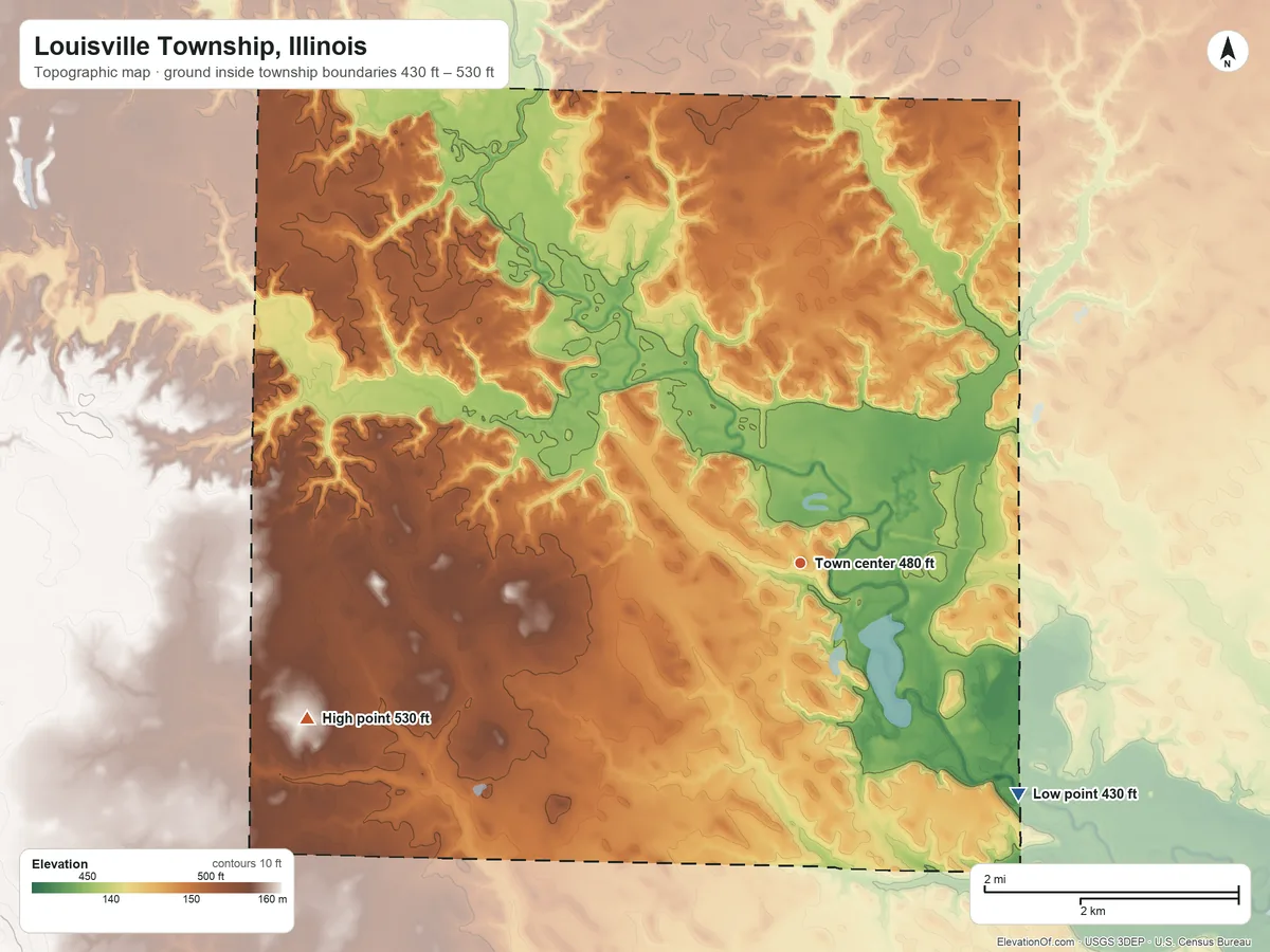 Topographic elevation map of Louisville Township, Illinois, shaded from 430 ft on the southeast side to 530 ft on the west side