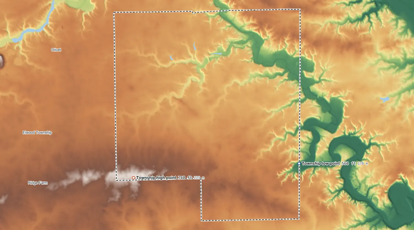Topographic elevation map of Love Township, Illinois, shaded from 560 ft on the southeast side to 740 ft on the southwest side