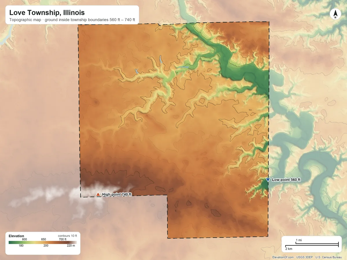 Topographic elevation map of Love Township, Illinois, shaded from 560 ft on the southeast side to 740 ft on the southwest side