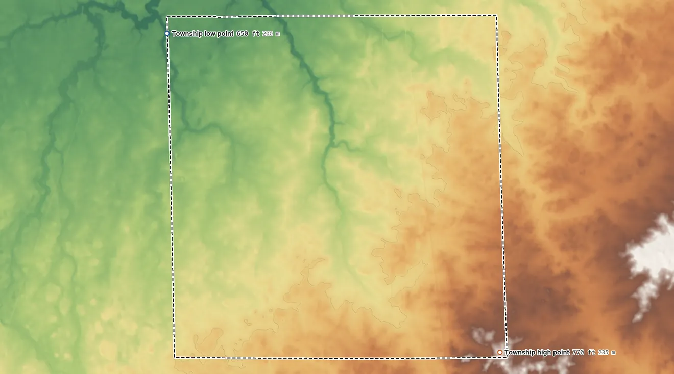 Topographic elevation map of Lovejoy Township, Illinois, shaded from 650 ft on the northwest side to 770 ft on the southeast side