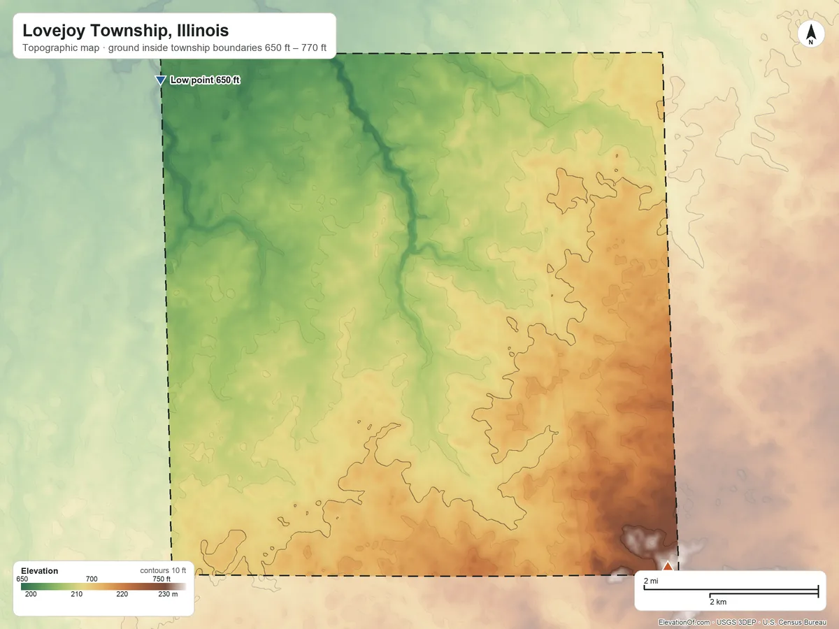 Topographic elevation map of Lovejoy Township, Illinois, shaded from 650 ft on the northwest side to 770 ft on the southeast side