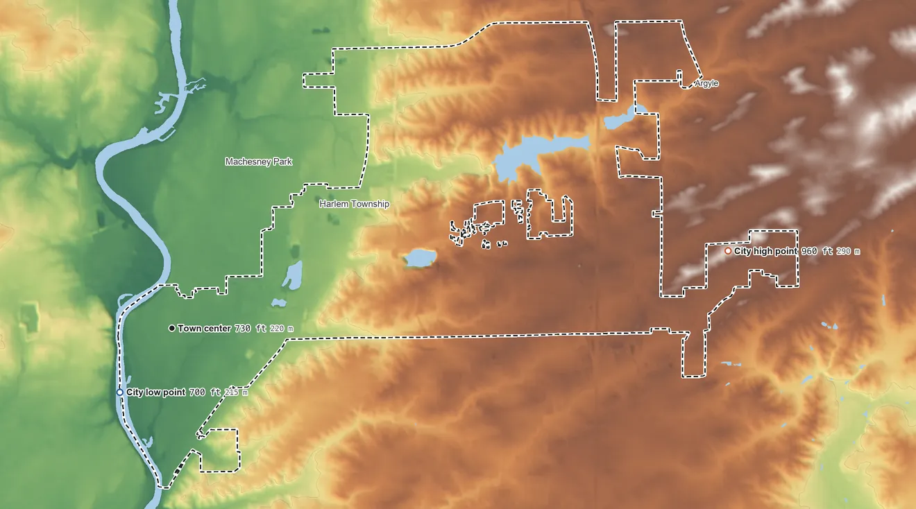 Topographic elevation map of Loves Park, Illinois, shaded from 700 ft near the middle to 960 ft on the east side