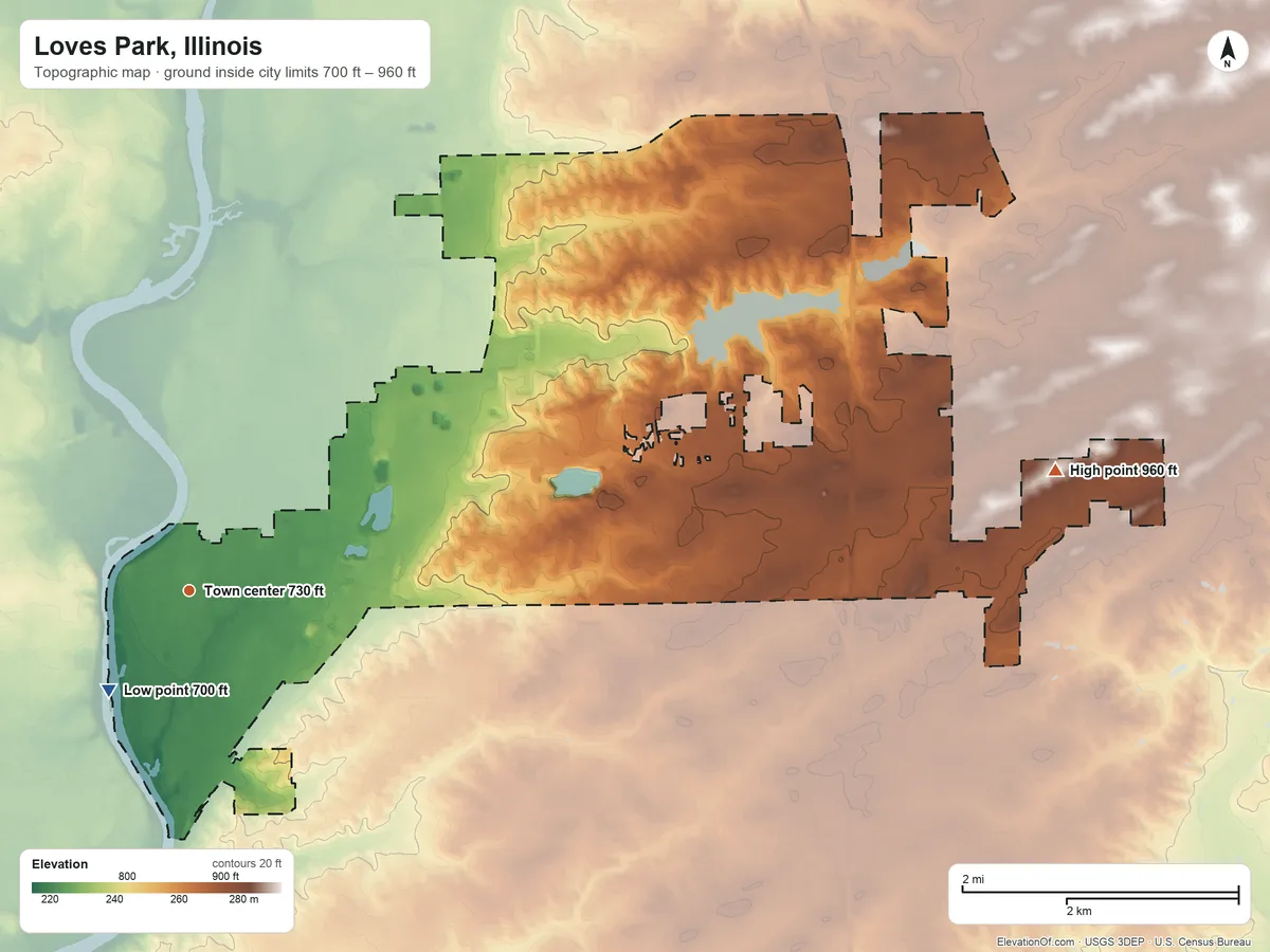 Topographic elevation map of Loves Park, Illinois, shaded from 700 ft near the middle to 960 ft on the east side
