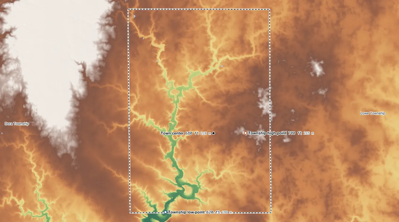 Topographic elevation map of Lovington Township, Illinois, shaded from 620 ft on the southwest side to 700 ft on the east side