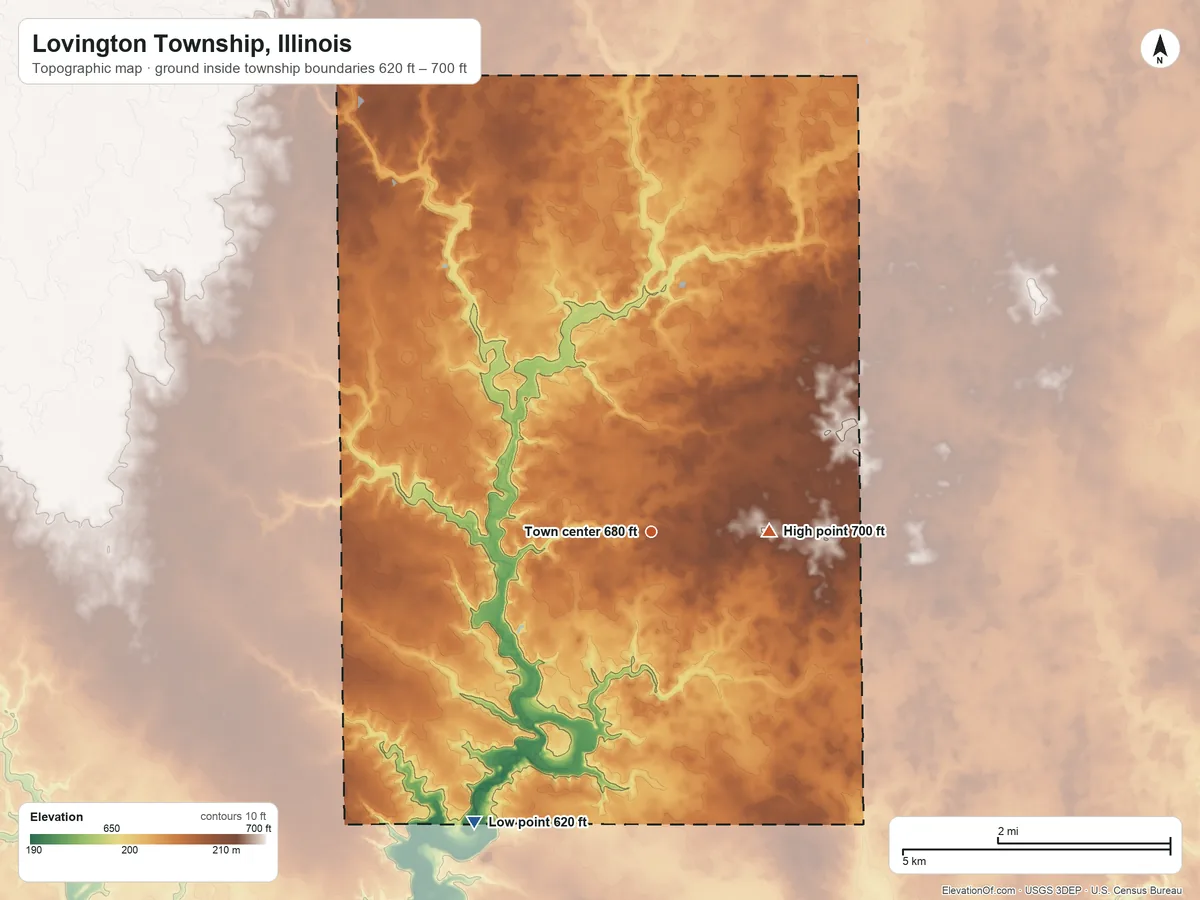 Topographic elevation map of Lovington Township, Illinois, shaded from 620 ft on the southwest side to 700 ft on the east side