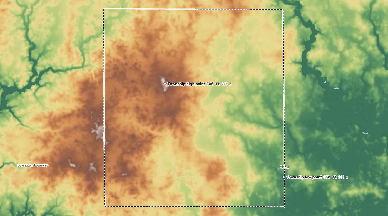 Topographic elevation map of Lowe Township, Illinois, shaded from 650 ft on the southeast side to 700 ft on the northwest side