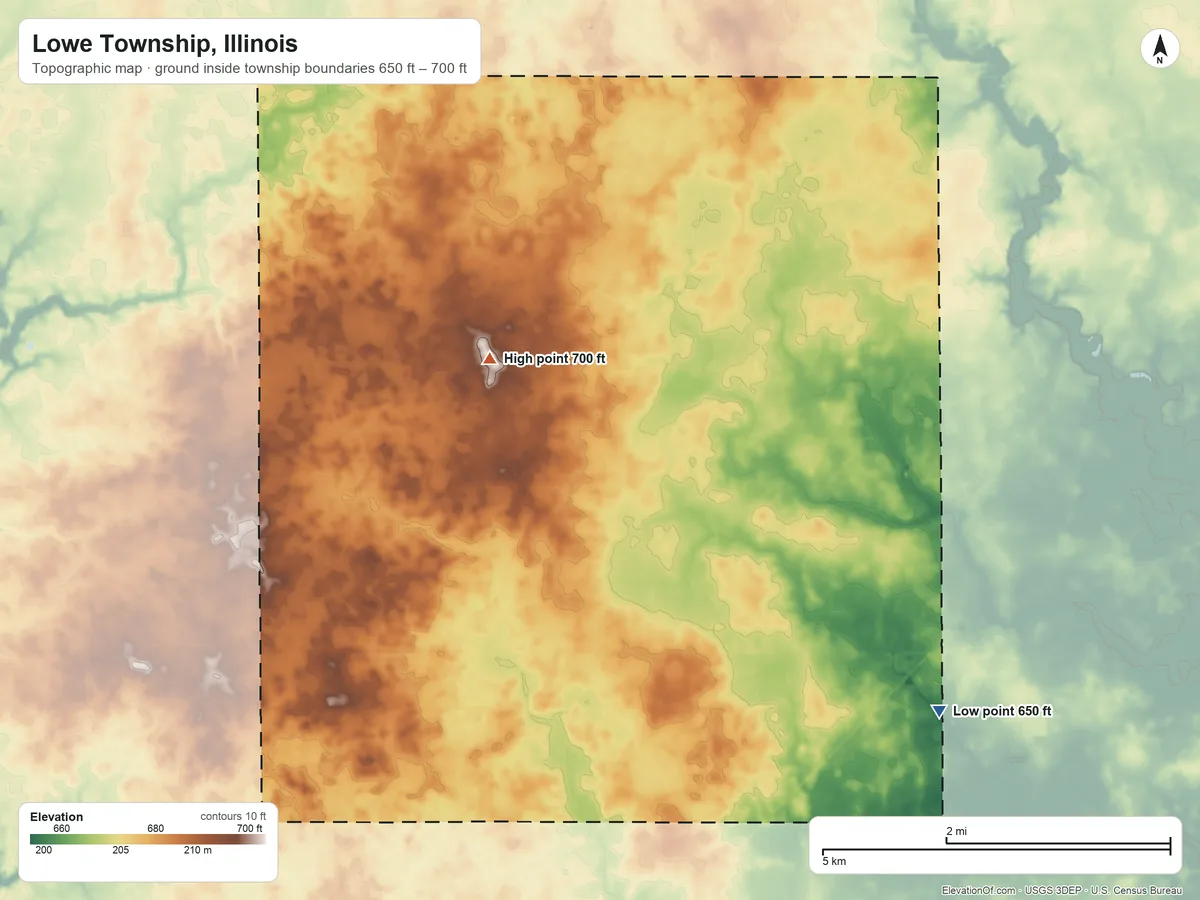 Topographic elevation map of Lowe Township, Illinois, shaded from 650 ft on the southeast side to 700 ft on the northwest side