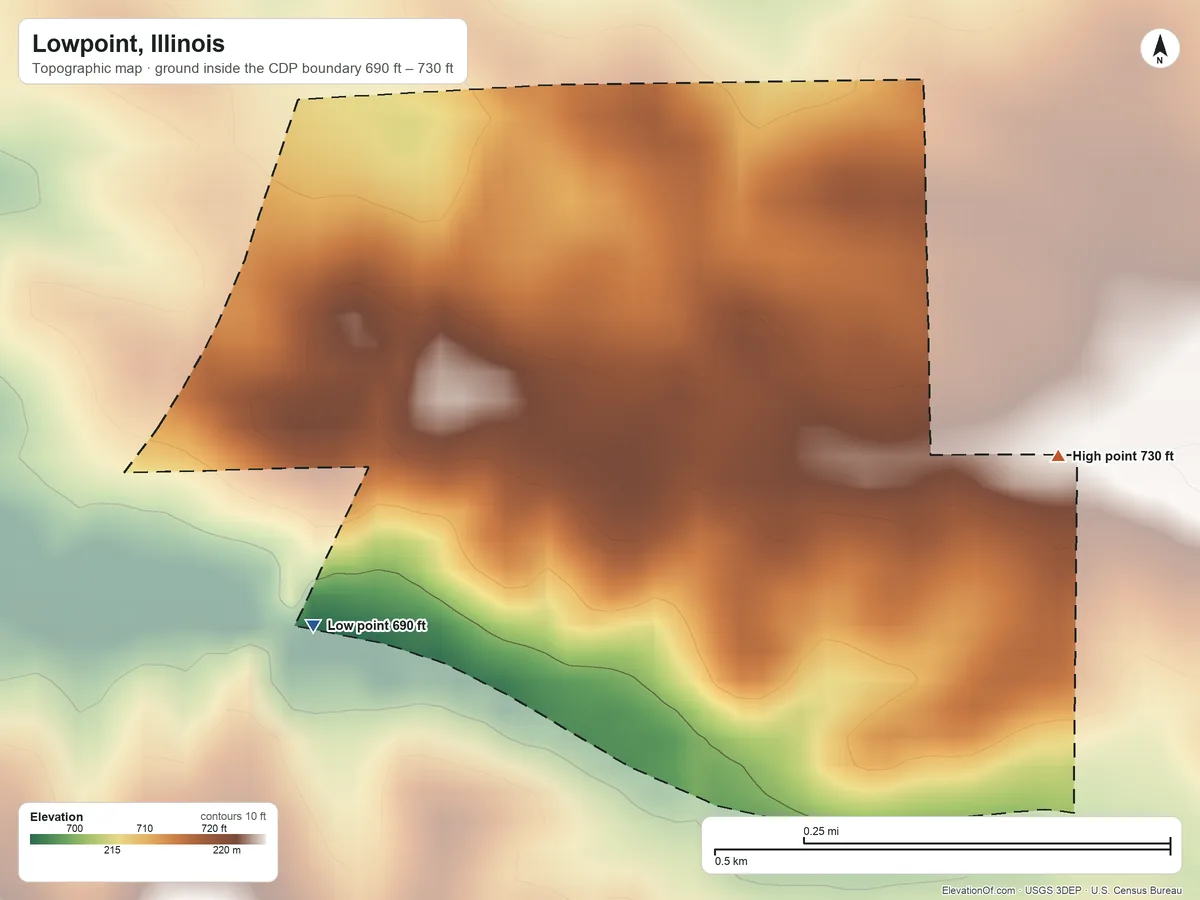 Topographic elevation map of Lowpoint, Illinois, shaded from 690 ft on the west side to 730 ft on the east side