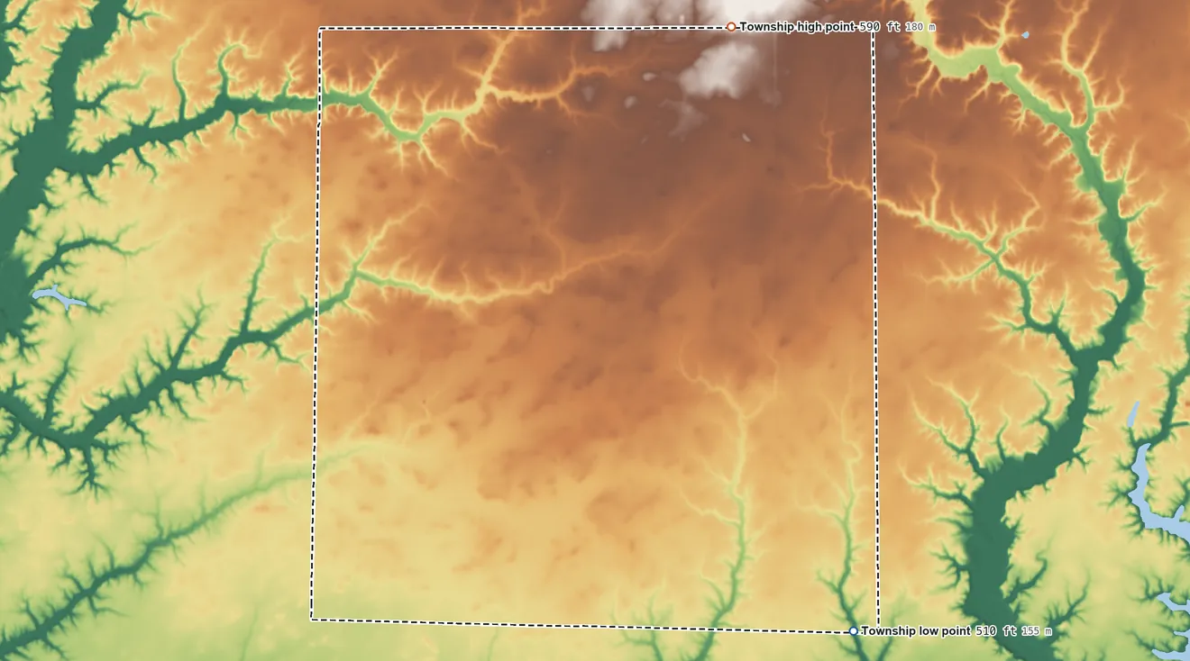 Topographic elevation map of Lucas Township, Illinois, shaded from 510 ft on the southeast side to 590 ft on the northeast side