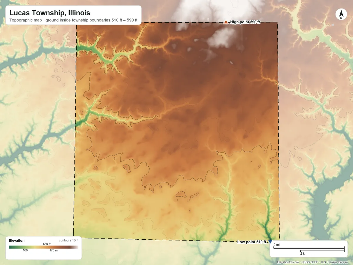 Topographic elevation map of Lucas Township, Illinois, shaded from 510 ft on the southeast side to 590 ft on the northeast side