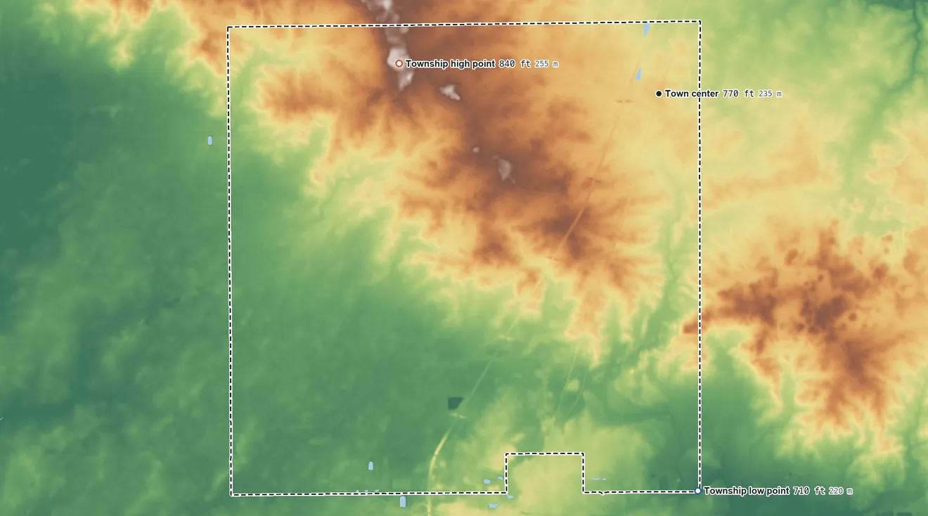 Topographic elevation map of Ludlow Township, Illinois, shaded from 710 ft on the south side to 840 ft on the west side
