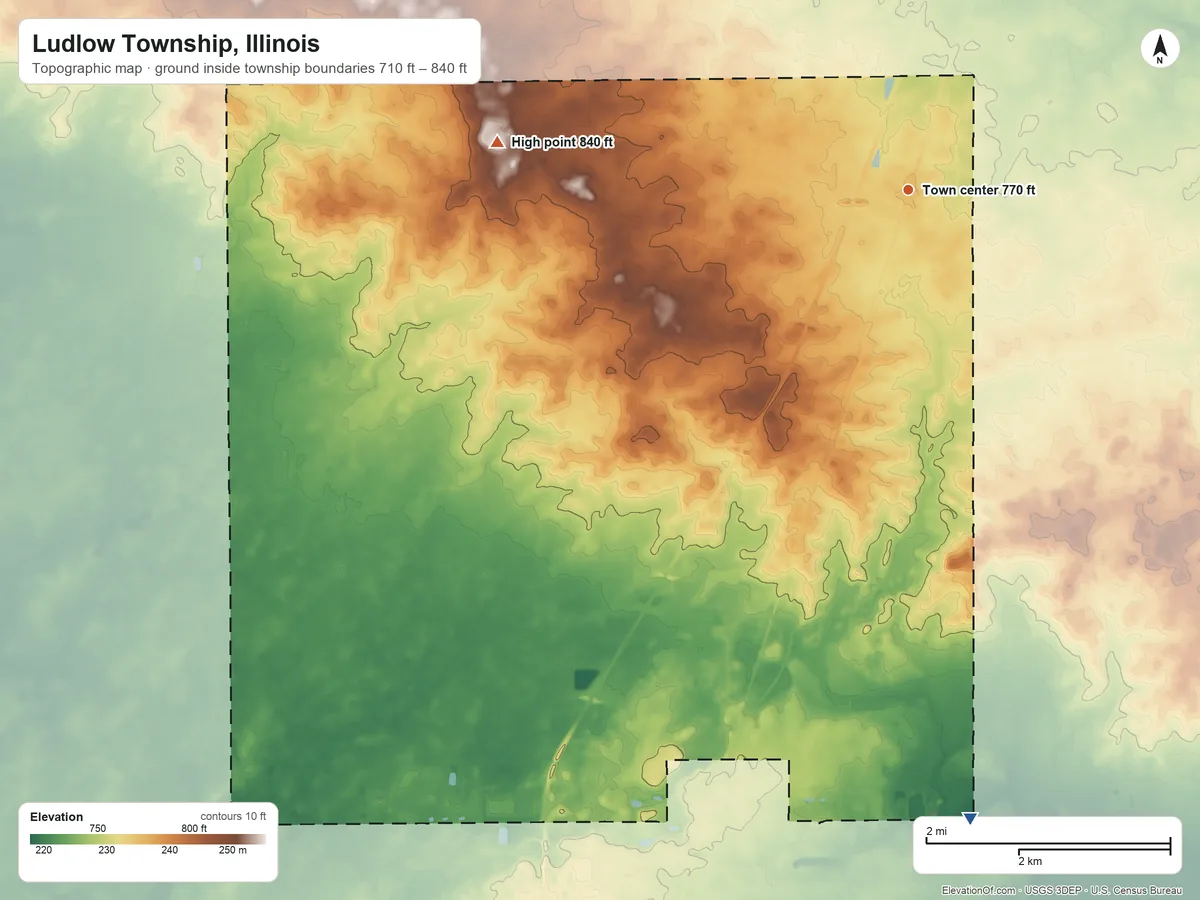 Topographic elevation map of Ludlow Township, Illinois, shaded from 710 ft on the south side to 840 ft on the west side